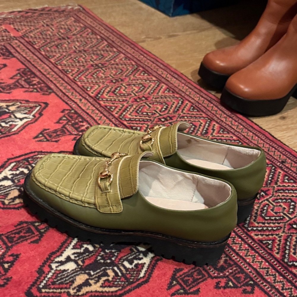 Two Toned Olive Green Loafers with Gold Buckle, Leather and Embossed croc